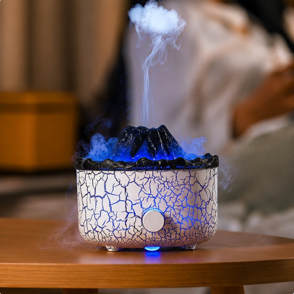 Diffuseur volcan Aura & Co, halo bleu abyss et brume